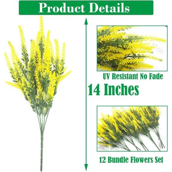 12 Bundles Artificial Lavender Flowers Outdoor UV Resistant Fake Flowers(Yellow) - Picture 7 of 7
